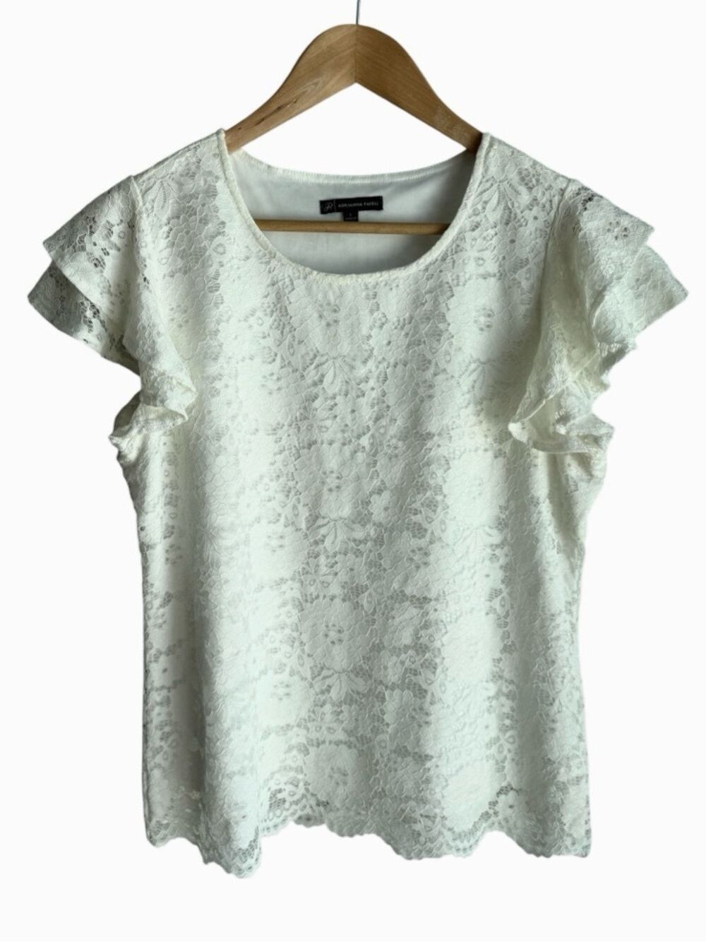 Adrianna Papell Short Sleeve Lace Top Sz L White Overlay Summer Shirt Blouse EUC